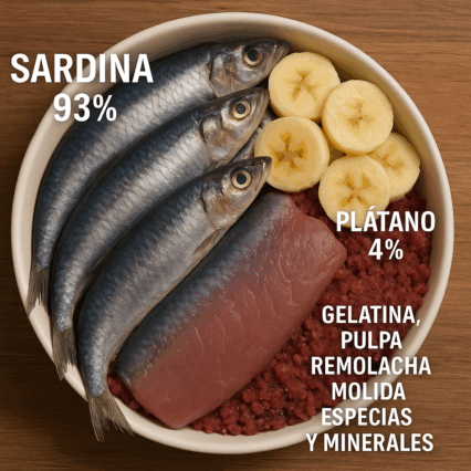 Comida Húmeda Sardina y Plátano 400 gramos.