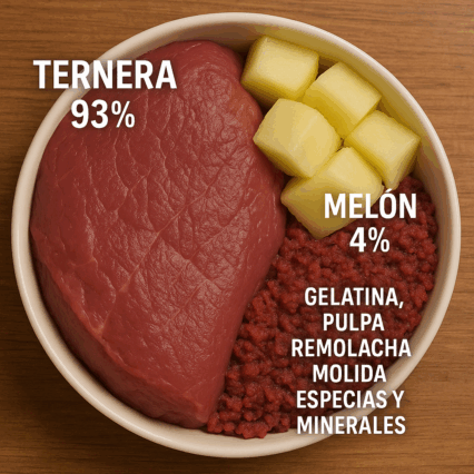 Comida Húmeda Ternera y Melón 400 gramos.
