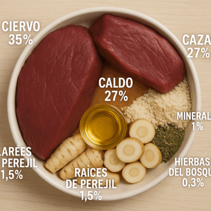 Sobre comida humeda Ciervo+Caza, raiz de perejil, aceite de cartamo e hierbas del bosque 410 gramos.