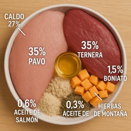 Sobre comida humeda Pavo+Ternera, con batata aceite de salmon e hierbas silvestres Junior 410 gramos.