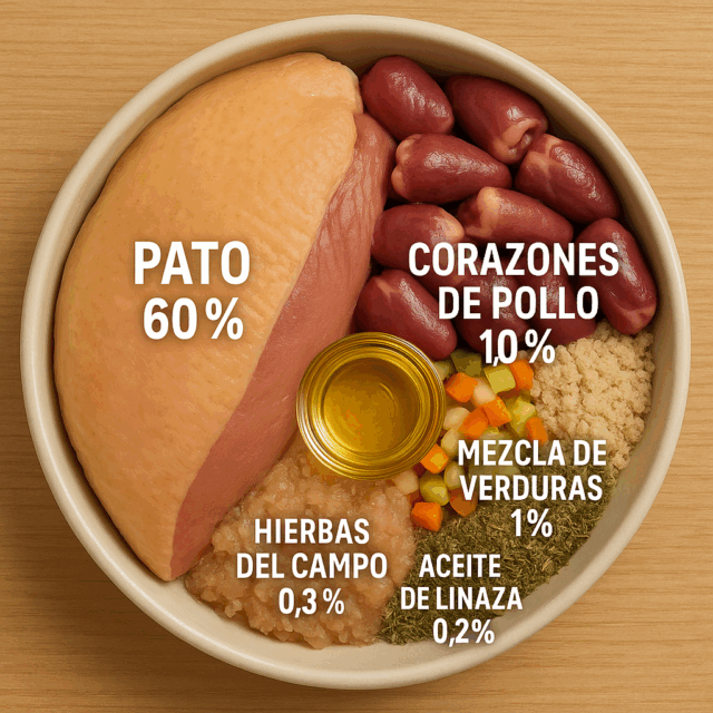 Sobre comida humeda de Pato+corazones con mezcla de verduras, aceite de linaza e hierbas silvestres 410 gramos. - Imagen 2