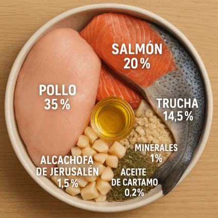 Sobre comida humeda Salmon+Trucha con alcachofas, aceite de cartamo e hierbas del rio 410 gramos.